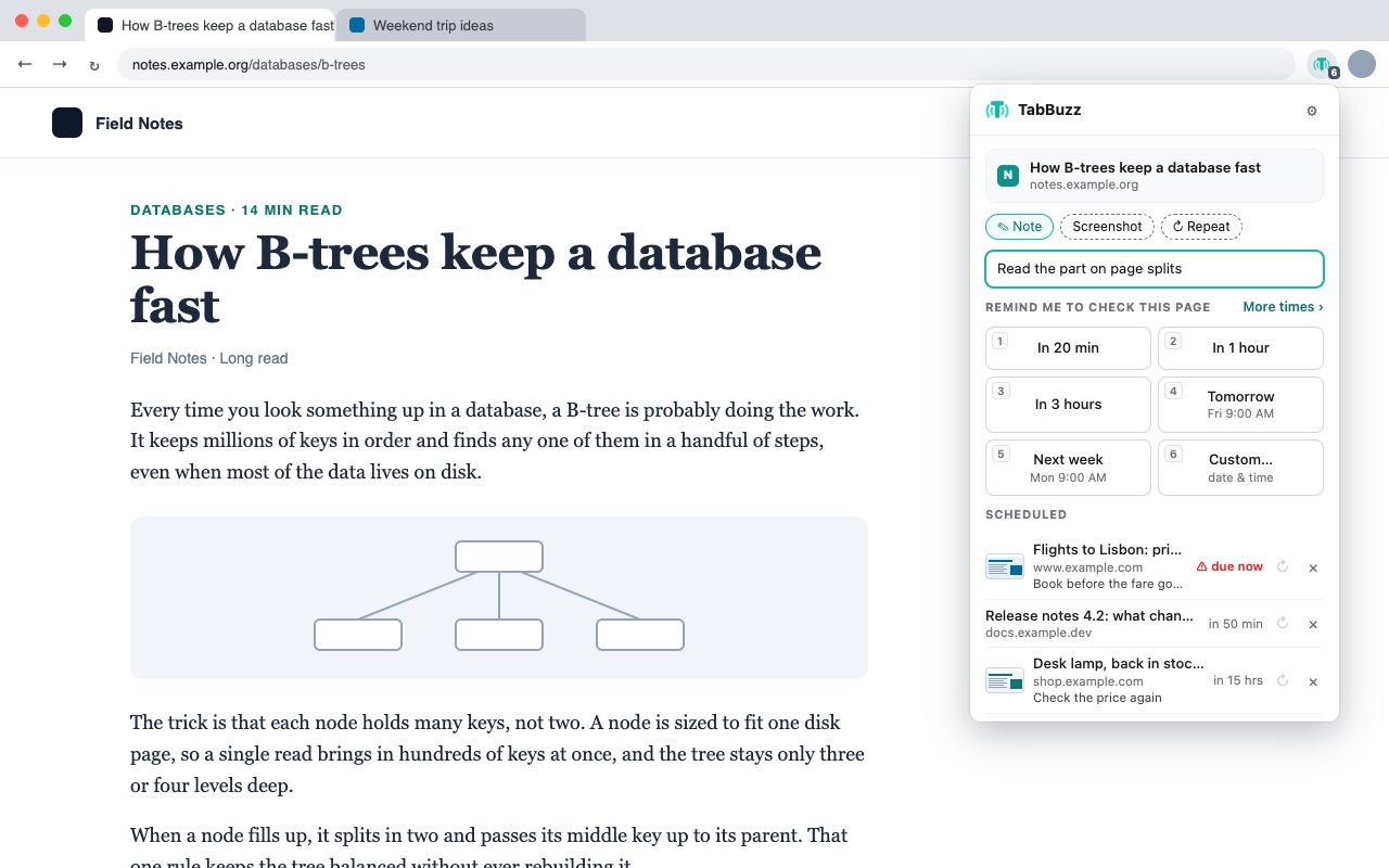 The TabBuzz popup open over an article, with quick times and a note
